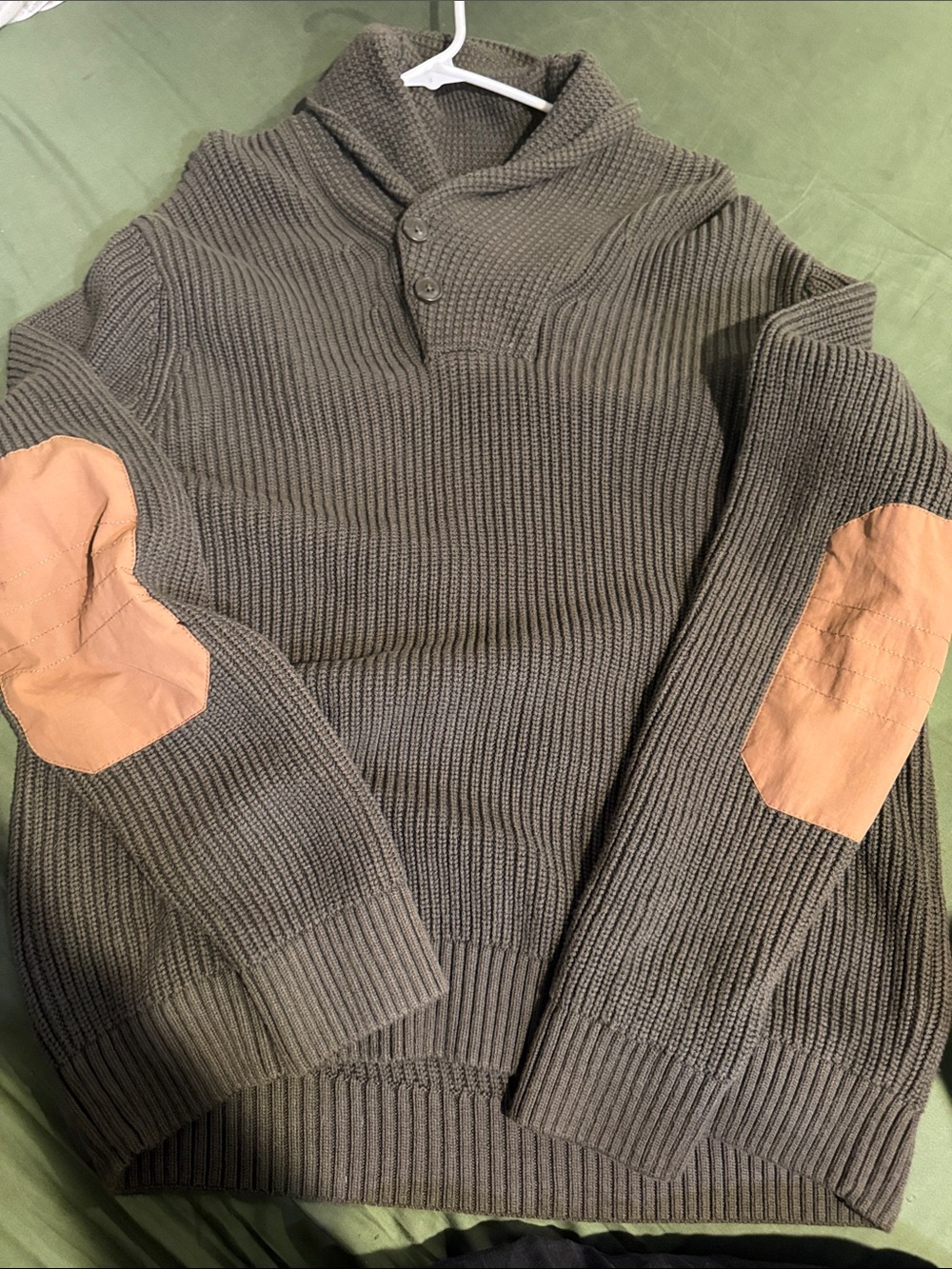 Duluth Trading Co Olive Ribbed Cowl Neck Sweater with Tan Elbow Patches